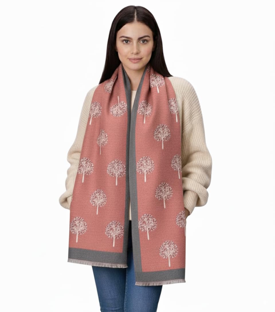 Hilto Women's Blush Pink Winter Scarf Tree Of Life,Cashmire Soft Touch Reversible Pashmina Shawl, Scarves Wraps, Blanket, Mulberry Tree Large Girls (Blush Pink)