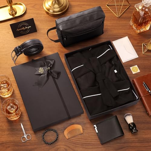 Image of Shyyween 10 Pcs Birthday Gifts Baskets for Men Father Gift Get Well Soon Gifts Beard Care Set Graduation Gift for Him with Bathrobe, Wallet, Beard Comb & Brush Set for Dad Boyfriend Husband(Black)