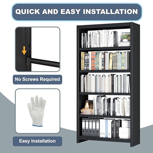 Bookshelf, 5 Shelf Bookcases, Tall Bookcase for Heavy Books, CDs, Movies, Garage Kit, Modern Display Shelf for Library Home Office Bderoom Living Room, Metal Bookshelves Industrial Black - Image 6