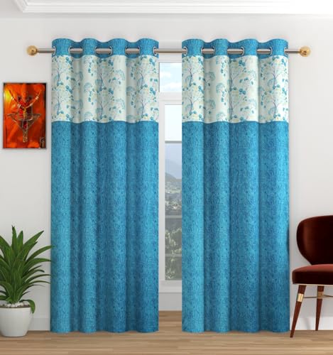 Image of Floral Patch Semi-Sheer Curtains for Window 6 Feet, Pack of 2, Aqua