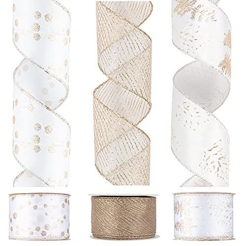 KI Store Christmas Ribbon Wired White Champagne Ribbons for Christmas Tree Decorations and Gift Wrapping DIY 2.5 Inch Wide 30 Yards (3 Spool X 10 Yds)