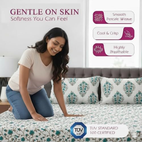 Image of Trance Home Linen 180TC 100% Cotton Single Size Printed Bedsheet | Bedding Set of Single Size Flat Bed Cover with 1 Pillow Covers (60x100 inch |1.52 Mtr x 2.54 Mtr - Jaal Green)