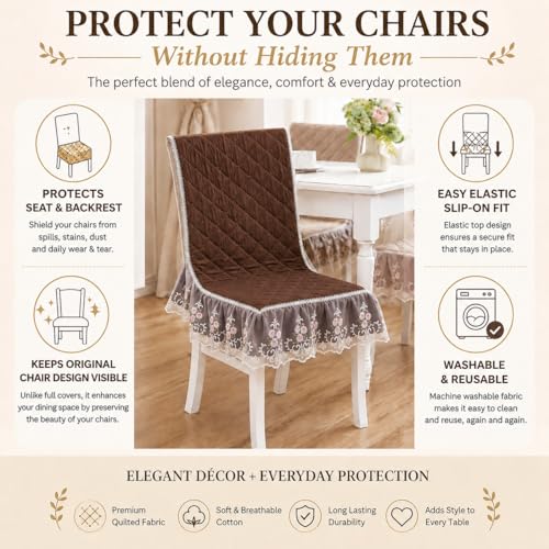 Image of HOMETHREADS Vintage Dining Chair Protector Cover, Quilted Cotton with Lace Frills, Easy Slip-On Design, Protects Seat & Backrest While Keeping Chair Visible, Washable & Reusable, Coffee (Pack of 6)