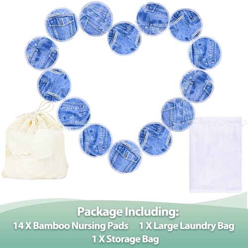Image of wegreeco Nursing Breast Pads (14 Pack) + Laundry Bag & Travel Storage Bag, 4.7 inch Option - Washable & Reusable Breastfeeding Nursing Pads (Classic Jeans, Large, Plain Shape)