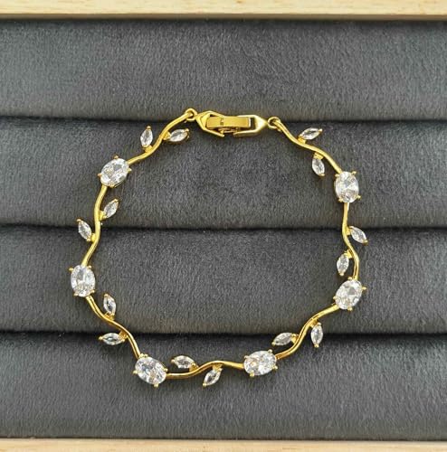 Image of Inites Fairy Bloom Floral Tulip Bracelet With White Clear Crystal Stones For Girls & Women | Elegant Anti Tarnish Golden Chain Link Floral Branches Bracelet Lightweight Jewelry For Daily Wear & Gifts