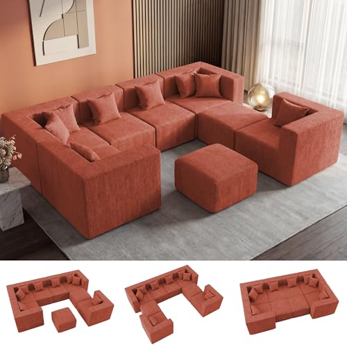 Image of MONVANE Modular Sectional Sofa, Oversized 8 Seat Convertible U Shaped Couch with Ottoman, Comfy Chenille Cloud Couch with Deep Seat, Sectional Couches for Living Room, No Assembly Required, Rust Red