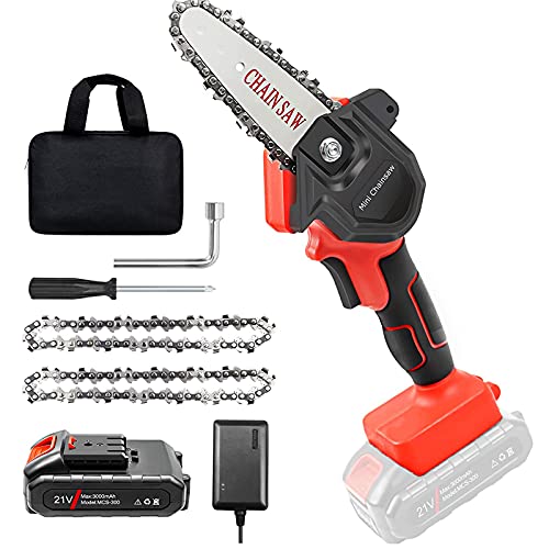 Upgraded Mini Chainsaw, 4-Inch Cordless Chainsaw Portable Lightweight Lithium Battery Chain Saw with Certified Power Adapter for Courtyard Tree Branch Wood Cutting (2 Chains)