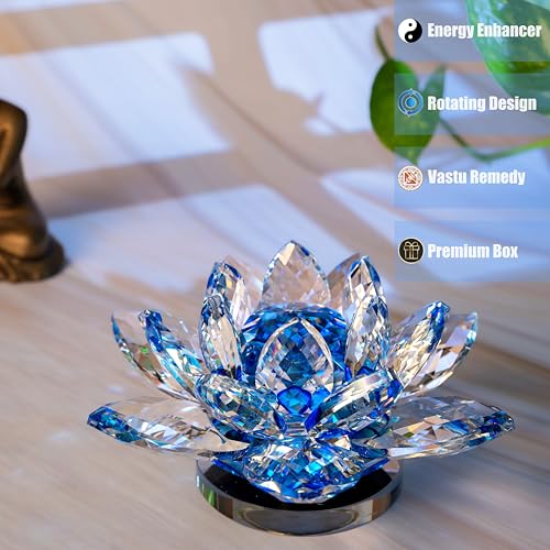 Image of FengShui Crystal Lotus Flower Showpiece & Paper Weight | Vastu Decor for Home & Office | Desk Decoration | Fengshui Items for Home Decor, Wealth & Gifting | Blue (Large-12.5 x 6.5 CM)