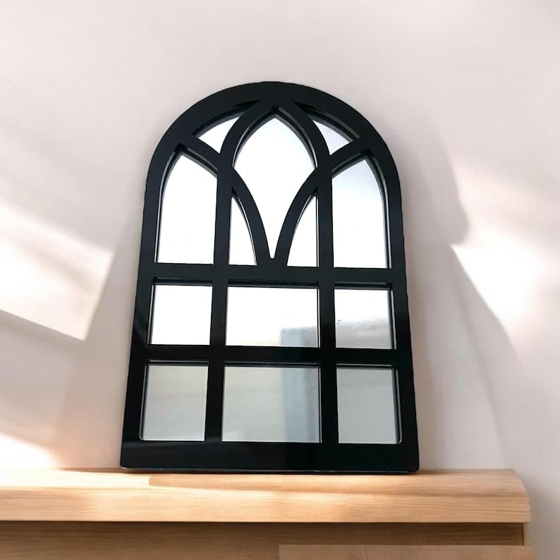 Arched Panel Black Framed Garden Mirror – Extra Large Weatherproof Wall Mirror for Indoor & Outdoor, Gothic Style Patio Decor