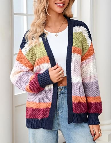 Open Front Chunky Cardigan Sweaters for Women Long Sleeve Color Block Striped Oversized Fall Sweater Coat4