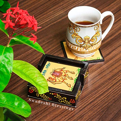 Image of Swadeshi Blessings Wooden Square Coffee /Tea Coasters Set- Handcrafted & Hand-Painted for Kitchen /Table & Home Decor /Dinning /Gifts /Restaurants /Living Room /Coffee Table (Set of 6) (Yellow Camel)