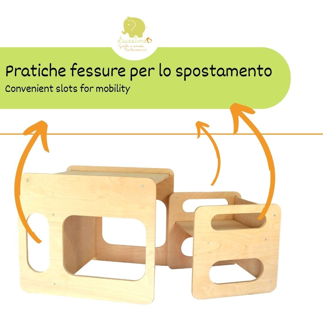 Tavolino Sedia Montessori Salvaspazio in Legno Betulla per Bambini, Giochi Educativi Montessoriani Studio Cameretta Banco Scuola