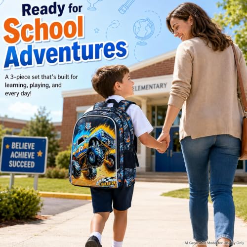 Image of Truck backpack, 16 inch Boys Cars Kids Bookbag with Lunch Box, 3Pcs School Backpacks for Elementary Preschool Kindergarten (Black)