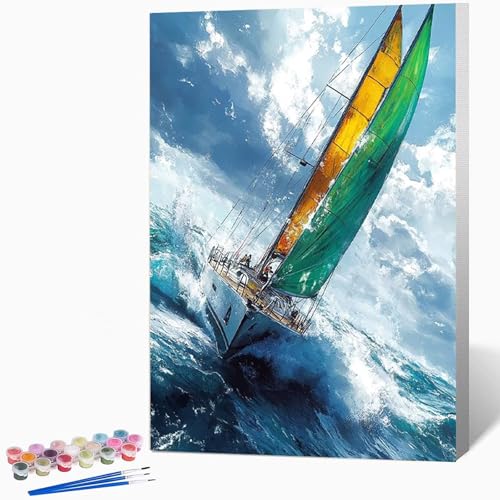 数字油絵 ヨット ペイントバイナンバー 海, ナンバーペイント大人のDIYセット(ブラシとアクリル絵の具を含む)、クリエイティブな手作りの油絵セット、女性へのデジタル絵画ギフト、壁の装飾 40×60cm -WX2510934