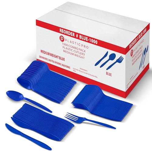 PLASTICPRO 1000 piece Cutlery Combo set of Blue Plastic Forks, Spoons, and Knives Disposable Colored Cutlery Bulk Pack Variety Pack for Party Home Office