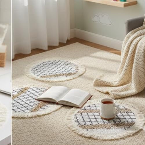 Image of HomeCloud Croshia Woven Table placemat - Heat Resistant, Washable Table Decoration for Dining, Office, Kitchen, Hotel, and Home (Round Beige Boxes, Set of 4)