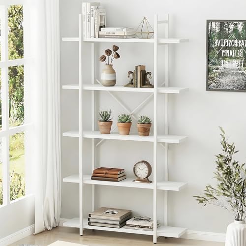 Bibliothèque 5 étages blanc bois, étagère moderne