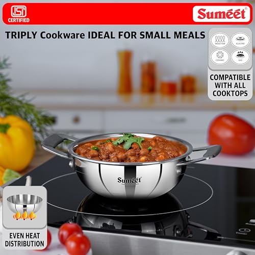Image of Sumeet Cook Smart ISI Certified Tri-Ply (Steel - Aluminium - Steel) Mini Kadai with Silicon Grip | Induction and Gas Friendly | 2.5mm Thick | 370ml -12Cm, Silver