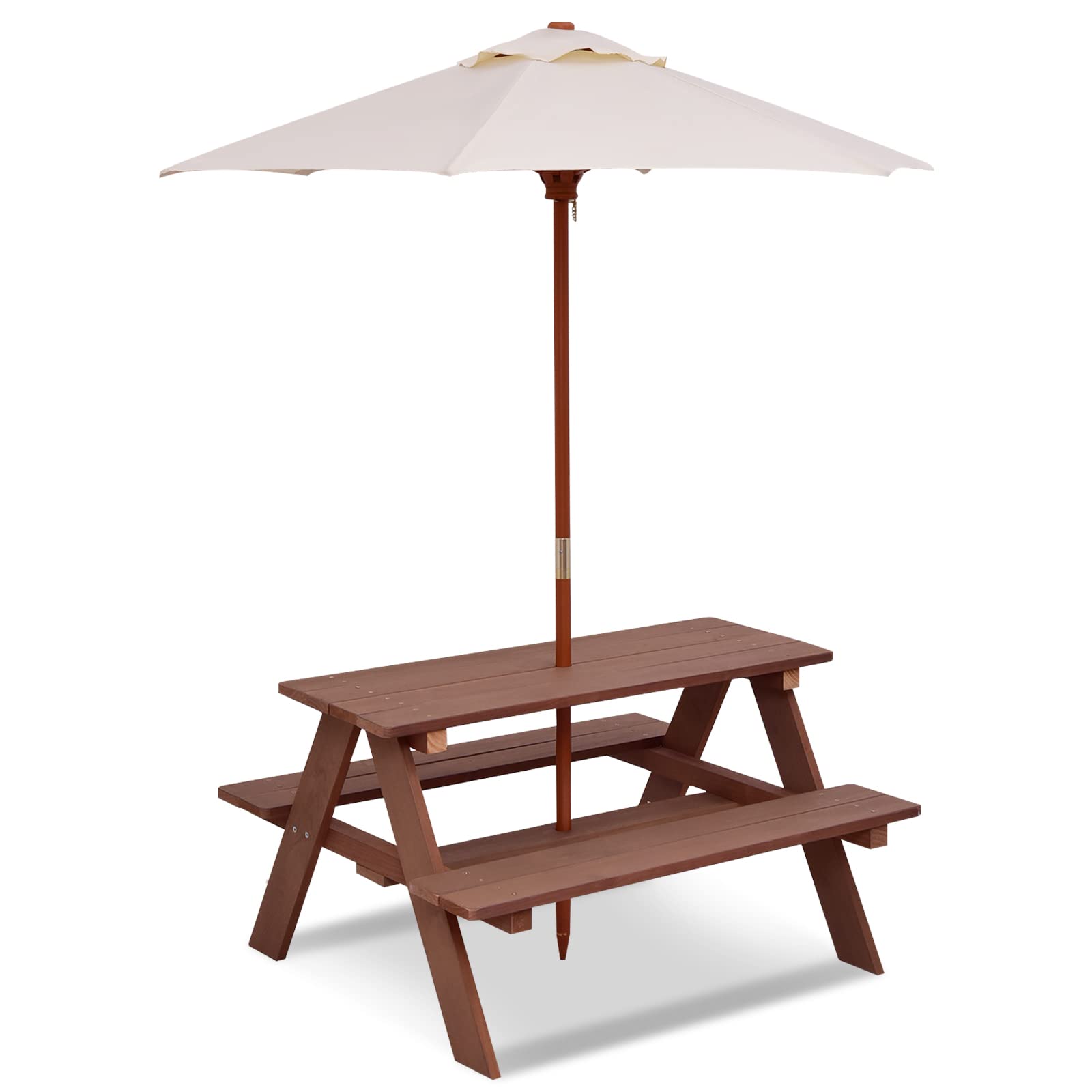 COSTWAY Tavolo da Picnic per Bambini con Parasole Pieghevole, Set di Tavolo e Panche per Giardino con Ombrellone Rimovibile, Panche in Legno, per Giardino, Cortile, Prato