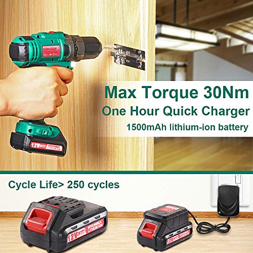 Akkuschrauber 12V, HYCHIKA Akku Bohrschrauber 30N·m Max. Drehmoment mit 1500mAh Akku, 1H Schnellladung, 4PCS Flachbohrer, 6PCS Spiralbohrer, 6PCS Schraubenbits, 5PCS Steckschlüsseleinsatz, Tragetasche - 4