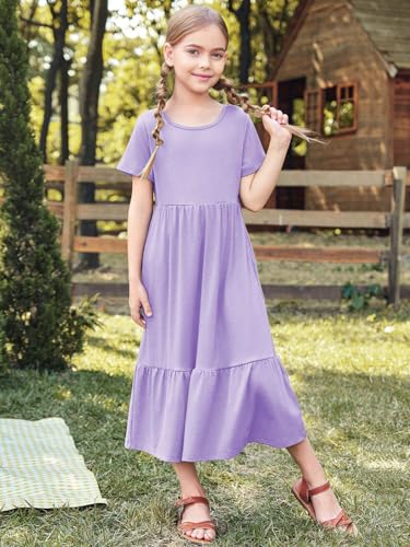 Batermoon Girls Short Sleeve Dress Casual A-Line Flowy Tiered Beach Maxi Dress with Pockcets3