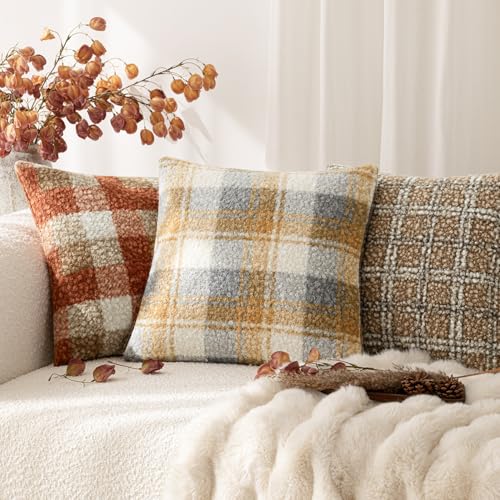 Image of Foindtower Pack of 2 Soft Faux Fur Boucle Throw Decorative Pillow Covers Fuzzy Accent Check Cushion Sherpa Boho Farmhouse Pillowcase for Couch Sofa Bed Living Room Home Decor 18x18 Inch,Amber and Blue