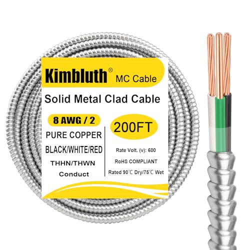 Image of 8 /2 Metal Clad (MC) Cable with Ground 200ft, 8 Gauge Electric Wire with Aluminum Armor, Solid Bare Copper Conductors for Indoor Outdoor Underground Embedded Installation (8 /2, 200 FT)