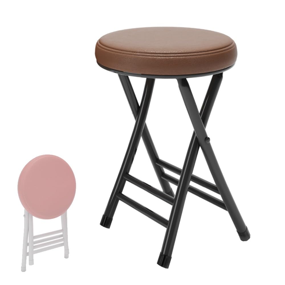 SKINCATE Plegable Taburete De Bar Acolchado Redondo, Taburetes Altos De Cocina, Taburete De Mostrador con Reposapiés, Ergonómica, Sin Instalación/Altura 50cm(Brown)