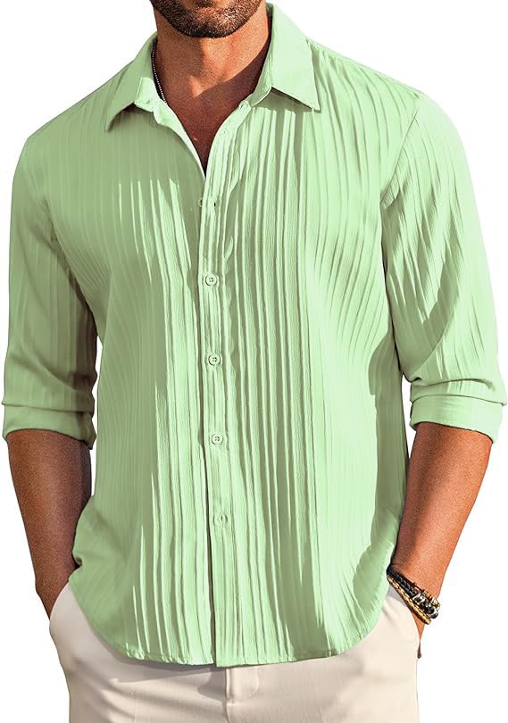 CB-COLEBROOK Men's Casual Button Down Shirts Long Sleeve Linen Shirt Fashion Textured Beach Summer Shirts