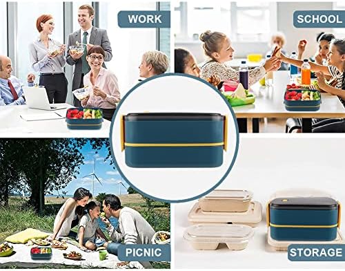 Kisstta Bento Lunch Box for Adult, 2 Layer Leak Proof Bento Box with Bag, Utensils & Snack Bag, Portion Meal Prep Lunch Container for Kids/Adults, Microwave|Dishwasher Safe Cute Bento Box