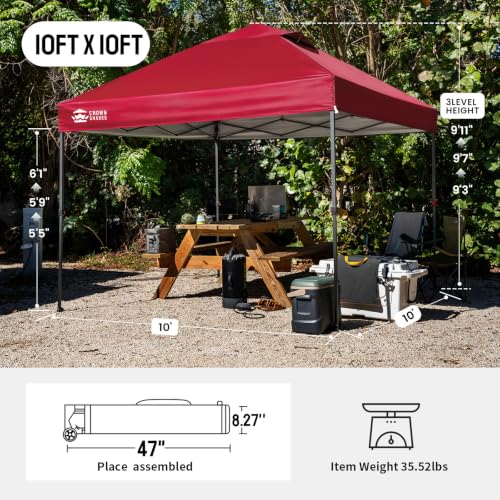 Image of CROWN SHADES 10x10 Pop Up Canopy Tent - Patented Center Lock One Push Instant Outdoor Canopy Beach Tent with STO-N-Go Bag 8 Stakes & 4 Sand Bags，Red