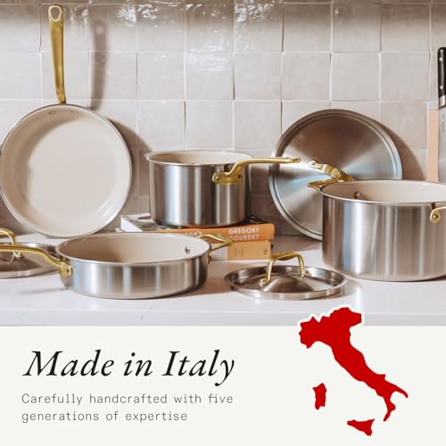 Image of Made In Cookware - 6 Piece Stainless Steel Saucepan Set with Lid (Antique Brass Handle) - 5 Ply Clad - Includes Non Stick Saucepans and Saucier - Professional Cookware - Crafted in Italy