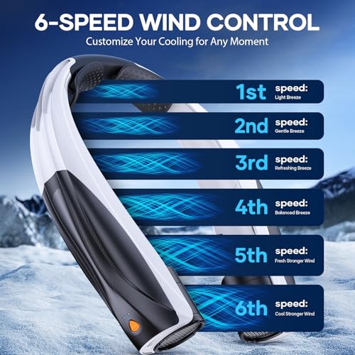 JIJ Neck Fan – Portable Neck Fan Rechargeable with 6 Adjustable Speeds, Neck Cooler with 360° Surround Breeze, Upgraded Long-lasting Wearable Fan for Hot Weather, Travel, Outdoor, Camping, Men & Women