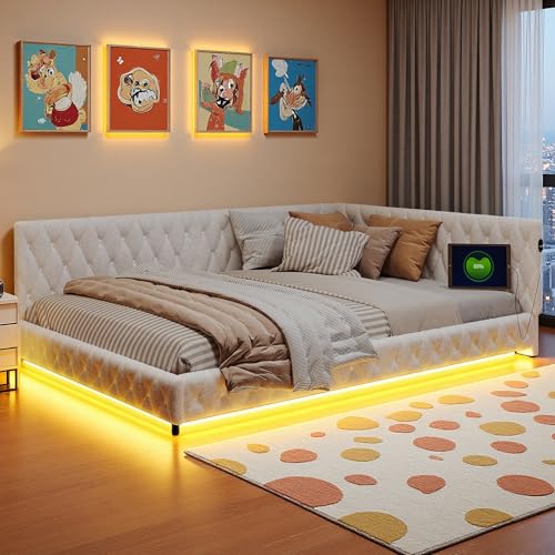 Yeutre Canapé lit 140x200 cm, Canape Lit Rembourré avec éclairage LED et Charge USB, lit Banquette 2 Places Multifonction avec Sommier à Lattes, sans...