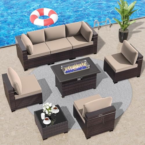 Image of 8 Pieces Outdoor Patio Furniture Set,Outdoor Sectional Furniture with 43 inch 55000 BTU Gas Propane Fire Pit Table,All Weather PE Rattan Wicker Patio Conversation Set,Sand