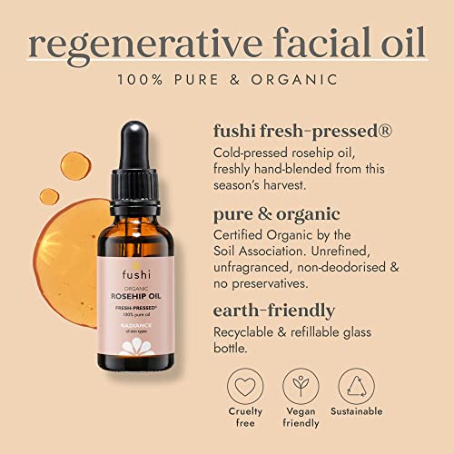 Fushi Organic Rosehip Seed Oil 30ml Best for Scars Fine Lines & Stretch Marks min Vitamin E 18.3 mcg/g Fresh-Pressed Ethical & Vegan Society Approved Manufactured in the UK - Image 2