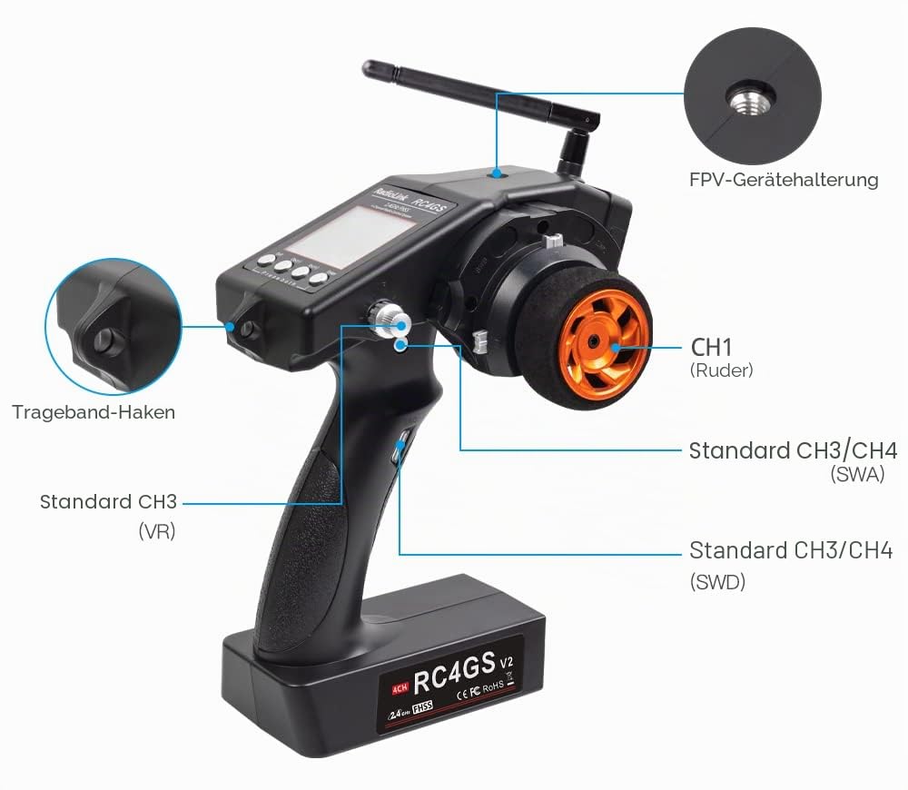 DTXMX Radiolink RC4GS V3 5 Kanal RC Fernsteuerung mit Empfänger Set R6FG Gyro-integriert 2.4 ghz Sender für RC Boot, Auto, Crawler, Buggy