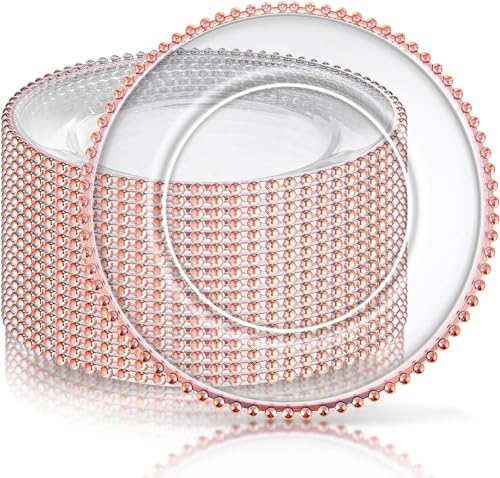 HONHPD 13inch Clear Rose Gold Bead Acrylic Plastics Back texture Charger Plate, Set of 50, Charger Plates for Dinner,Wedding,Party,Event Decoration.Rose Gold