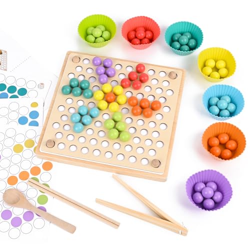 Gaethra Montessori Spielzeug ab 3 Jahre, Holz Clip Beads Brettspiel, Vorschule Farben Sortier Stapelspielzeug, Feinmotorik Spielzeug, Verbessern sie die Hand Auge Koordination, für Kinder ab 3 Jahren