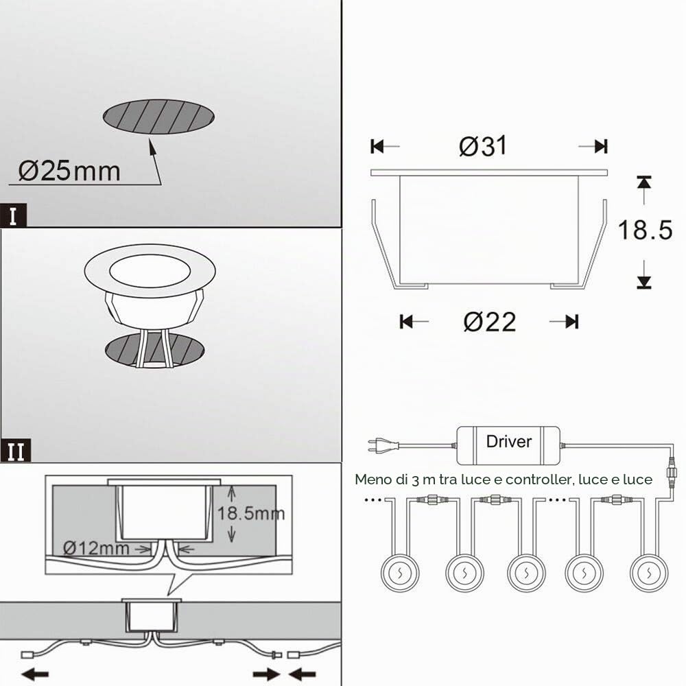 Faretto da incasso per pavimento, impermeabile IP67; diametro: 31 mm. Illuminazione per terrazza, patio, sentieri, muri, giardini, decorazioni da interno ed esterno, Rgbw + Wifi Contrôleur, 6 pièces