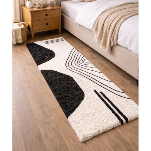 Image of 2x10 feet Shaggy Polyester Abstract Modern Runner Rug - 2 Inch High Pile Ultra Soft Plush Carpet for Living Room, Bedroom & Kids Room, Thick Fluffy Rug for Indian Home Decor A - Rectangular