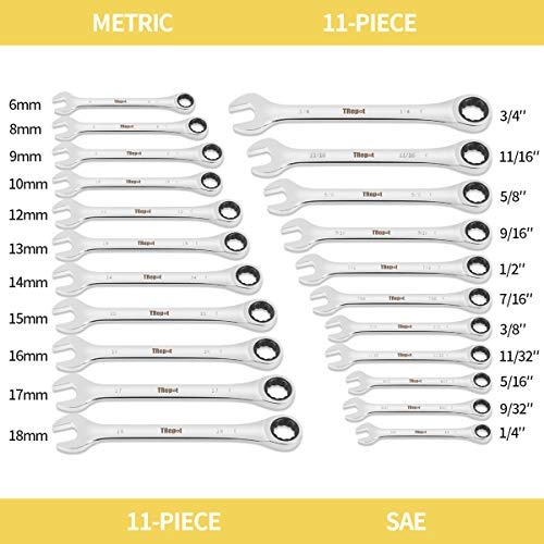 Trepot 22-Piece Ratcheting Wrench Set,Sae & Metric, 22-Piece, 1/4″ To 3/4″ & 6-18Mm，Chrome Vanadium Steel, With Carrying Bag #TOP1