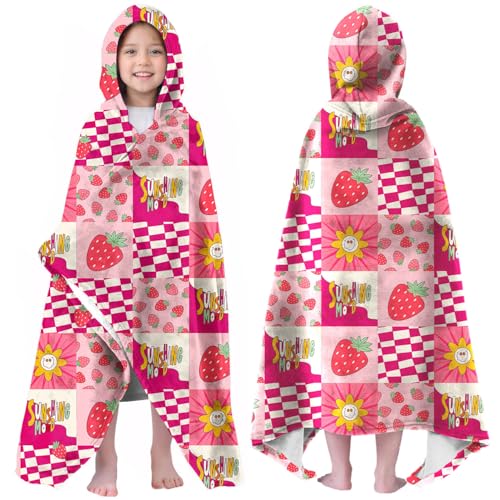 Image of Fruits Girls Beach Towel with Hoodie for Kids Toddlers Age 4-8, Pink Yellow Bath Towels Shower Wrap for Girls, Hooded Poncho Beach Blanket for Pool Swimming Cute Wearable Bath Towel for Child