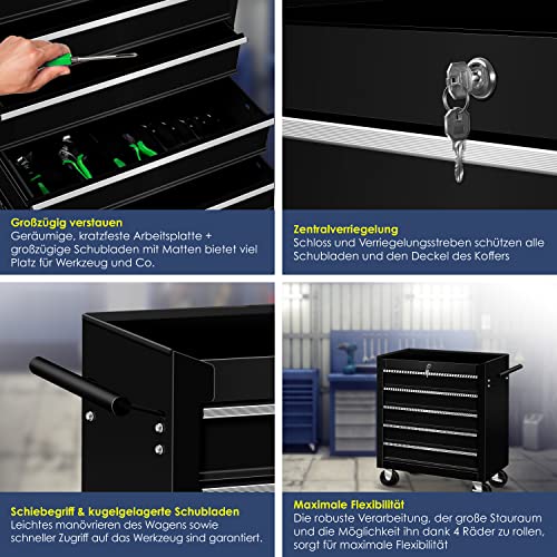 Masko® Werkstattwagen - 5 Schubladen, schwarz ✓ Abschließbar ✓ Massives Metall | Mobiler Werkzeug-Wagen ohne Werkzeug | Profi Werkstatt-Wagen | Rollwagen zur Werkzeugaufbewahrung mit Schloss | – Bild 5