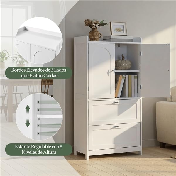 Yaheetech Armario de Suelo para Baño Clásico Mueble 60x30x115cm Blanco | para Salón Cocina Entrada, con 2 Puertas y 2 cajones, Borde Elevado, Estante Ajustable Mueble de Madera de Almacenaje