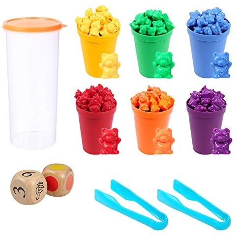 Draftor 71pcs Rainbow Counting Bears, Counting Bears Set with Matching Sorting Cups Dices and Tweezers Montessori Matching Game Educational Color Sorting Toys Cover