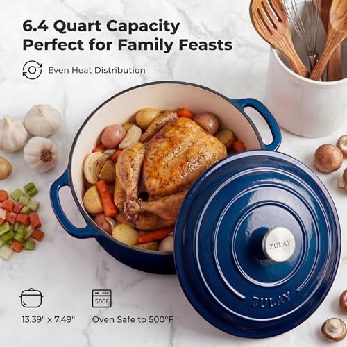 Image of Zulay Kitchen 6.4QT Enameled Cast Iron Dutch Oven Pot with Lid, Heavy-Duty Soup Pot for Stews, Braising, Roasting & Sourdough Bread Baking, Oven Safe up to 500F - Lapis Lazuli