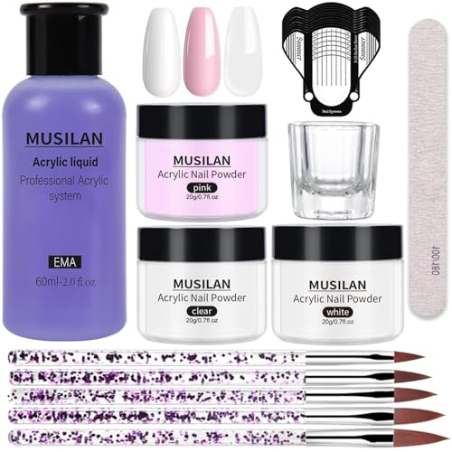 MUSILAN Comple Acrylic Nail Kit, 3PCS Poudre Acrylique pour Ongles avec Liquide Acrylique 60ml + accessoires, Kit Professionnels d'extension ongles acrylique...