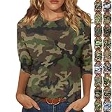 slqdgmryz 3/4 Length Sleeve Womens Tops Camo Shirt Printed Crew Neck T Shirts Loose Fit Three Quarter Casual Dressy Blouses Fall Tops for Women 2025 Camouflage Shirts for Women, Army Green, Small