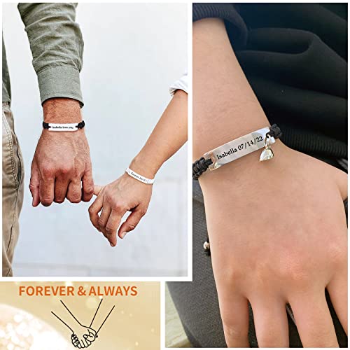Personalized Handmade Braided Couples Bracelet - Custom Engraving Name ID Long Distance Relationship Bracelet Adjustable Rope Couples Bracelet Gift for Men Women Lover (A-Couple Black)4